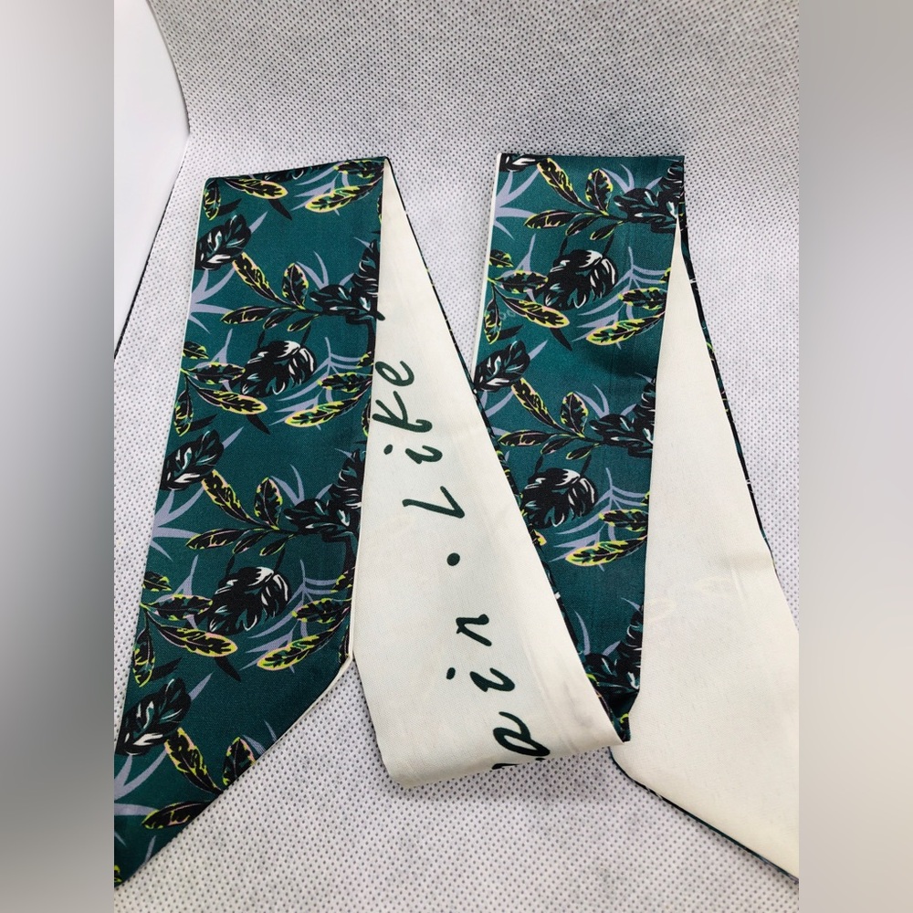Teal Floral Twilly Scarf with Ivory Script